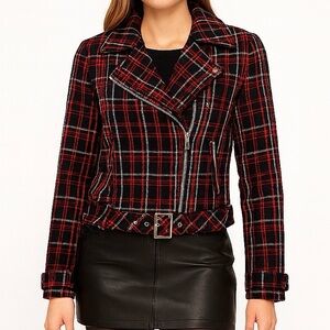 Vero Moda Plaid Moto Y2K Inspired Jacket Wool Blend Belted Grunge Size Small